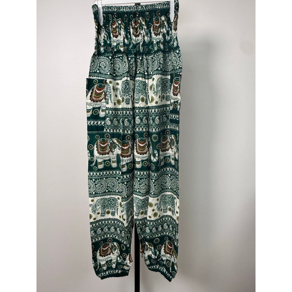 Boho Elephant Print Wide-Leg Pants in Green - Picture 2 of 6